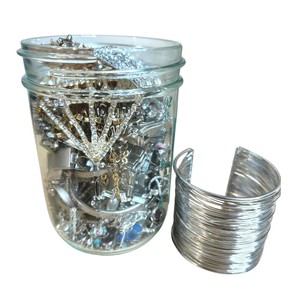 Jewelry Jar Mixed Lot Silver Tone Gold Tone Sparkly Statement Wearable Lot